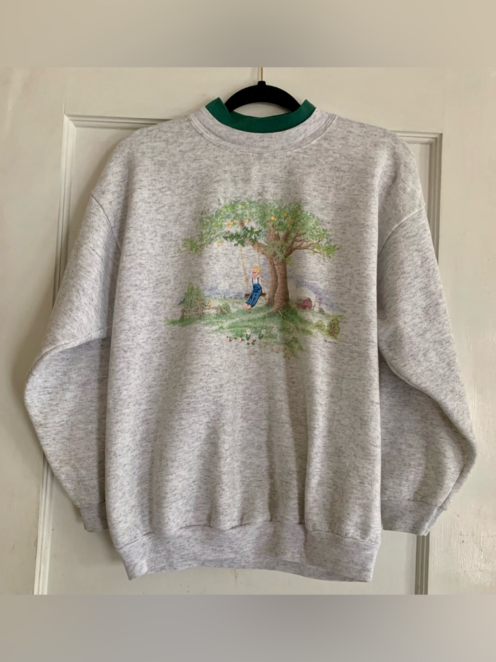 Vtg Top Stitch Morning Sun Gray Crewneck Child On Swing Embroidered Country**
